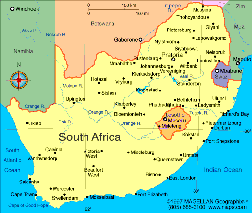 Detailed Map of South Africa with Cities and Neighboring Countries
